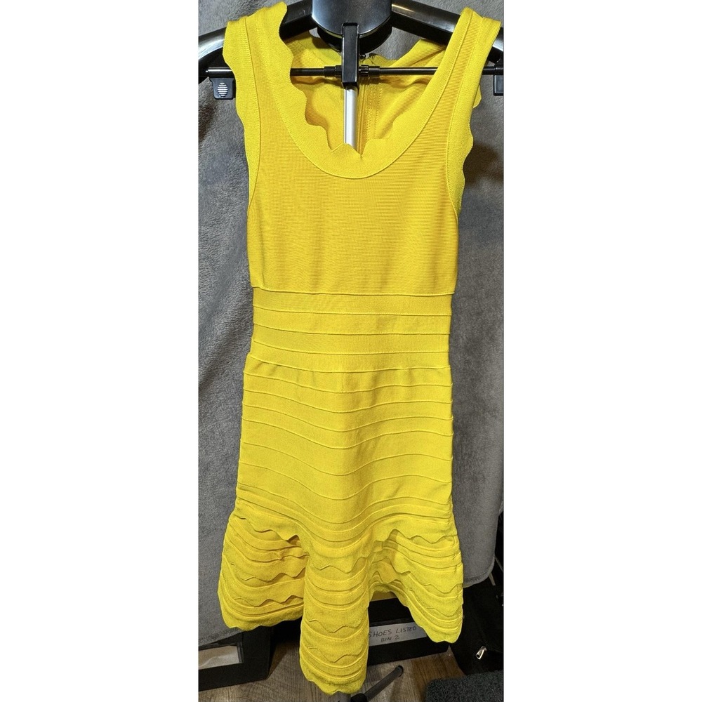Bandage Dress Womens Small Yellow Sleeveless Fit & Flare Ruffle Heavy Knit Party
